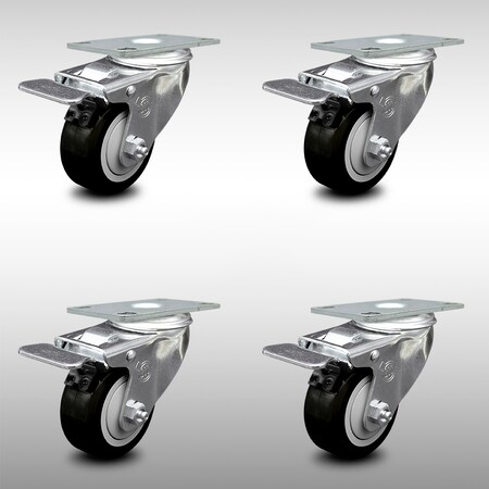 Service Caster 3 Inch SS Black Polyurethane Top Plate Caster Set Total Lock Brake SCC SCC-SSTTL20S314-PPUB-BLK-4